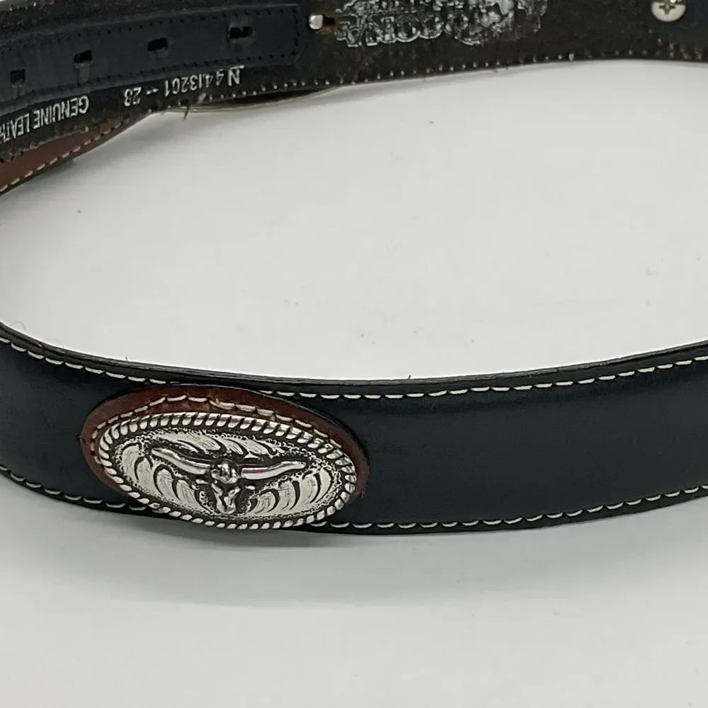 Nocona Brown And Black Leather Belt with Silver Toned embellishments